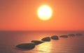 3D stepping stones in ocean against a sunset sky