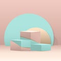 3D steps cube podium composition. Abstract geometric minimal background. Blue, green, and gold pastel color with space