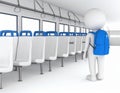 3d stick figure standing in a train car with a blue backpack Royalty Free Stock Photo