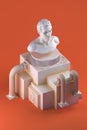 3d still life with bust statue and architectural forms on orange background