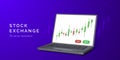 3D stock exchange scene with laptop. Candlestick chart and buy and sell options. Online trade and financial analysis concept