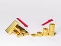 3D of stock market rising and falling price gold bar, dollar. Red arrow up and down Royalty Free Stock Photo