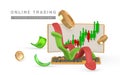 3d stock online trading with monitor and keyboard, investment graph and flying money in cartoon style. Green red arrow up down. Royalty Free Stock Photo