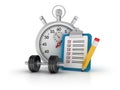 3D Stopwatch with Clipboard and Dumbbell Royalty Free Stock Photo