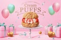 3d strawberry cream puff ad banner