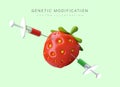 3D strawberry pierced by two syringes with liquid. Genetic engineering, GMO Royalty Free Stock Photo