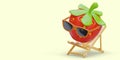 3D strawberry in sunglasses sitting in folding chair. Summer vacation, sunbathing