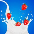 3d strawberry yogurt flavour ad promotion. milk splash with fruits isolated on blue. daily product crown. Royalty Free Stock Photo