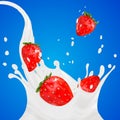 3d strawberry yogurt flavour ad promotion. milk splash with fruits isolated on blue. daily product crown. Royalty Free Stock Photo