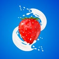 3d strawberry yogurt flavour ad promotion. milk splash swirl with fruits on white.