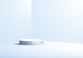3D studio room showcase display geometric white cylinder pedestal, round minimal blue scene background