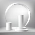 3D studio room with white and gray pedestal. White geometric platform on the background of the arch. Stage for Royalty Free Stock Photo