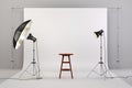 3d studio setup with wooden chair and white background Royalty Free Stock Photo