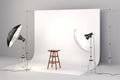 3d studio setup with wooden chair and white background