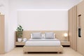 3D style. The bedroom\'s design is simple, and modern, using warm colours.