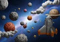 A 3D-style digital illustration depicts a space scene with various polygonal planets, asteroids, Royalty Free Stock Photo