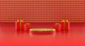 3d style product podium scene with red gift box with gold bow . merry christmas and chinese happy new year festive banner design Royalty Free Stock Photo