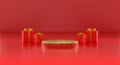 3d style product podium scene with red gift box with gold bow . merry christmas and happy new year festive banner design Royalty Free Stock Photo