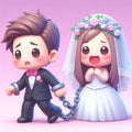 3d style scared chained groom running from bride commitment phobia Royalty Free Stock Photo