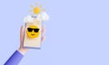 3D stylised cartoon hand holding smartphone looking at weather icons with cool smiling emoji wearing sunglasses