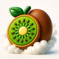 3D stylized kiwi fruit with leaves and clouds illustration Royalty Free Stock Photo