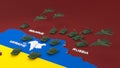 3d stylized schemitic map of Kyiv Kiev capital cyty of Ukraine surrounded with russian tanks and military aircrafts