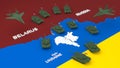 3d stylized schemitic map of Kyiv Kiev capital cyty of Ukraine surrounded with russian tanks and military aircrafts