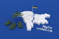 3d stylized schemitic map of Kyiv Kiev capital cyty of Ukraine surrounded with russian tanks and planes
