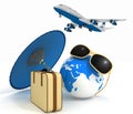 3d suitcase, airplane, globe and umbrella. Travel and vacation concept Royalty Free Stock Photo