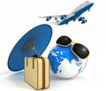 3d suitcase, airplane, globe and umbrella. Travel and vacation concept.