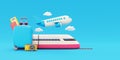 3D suitcase with high-speed train on railway and airplane, global transport, Tourism and travel concept, holiday vacation.