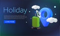 3d suitcase or luggage with beach hat, map marker or pin icon, cloud, isolates on background. Banner concept for travel Royalty Free Stock Photo