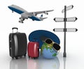 3d suitcases, airplane, globe and umbrella. Travel and vacation concept Royalty Free Stock Photo