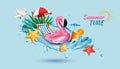 3D summer party. Beach vacation. Summertime holidays journey. Inflatable flamingo in water splash. Fun festive travel Royalty Free Stock Photo