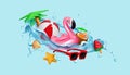 3D summer party. Beach vacation. Summertime holidays journey. Kids toy ball. Inflatable flamingo in sea water splash Royalty Free Stock Photo