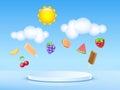 3d summer podium. Cute clouds, fruits and ice-cream, platform render, product presentation. Sun and watermelon, light