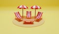 3d summer rendering, three beach benches, two beach umbrellas, one table, yellow background