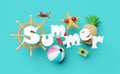 3d summer travel concept with helm, stern wheel, ball, starfish, pineapple, crab, camera, lifebuoy, sunglasses isolated on blue.