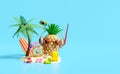 3d summer travel concept with pineapple, helm, surfboard, palm tree, lifebuoy, suitcase, yellow duck, sandals, beach, sunglasses,