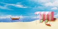 3d summer travel concept with pink umbrella, parasol, seaside, boat, crab, beach chair isolated on blue sky background. 3d render Royalty Free Stock Photo