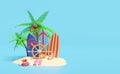 3d summer travel with helm, stern wheel, suitcase, shellfish, palm tree, lifebuoy, island, surfboard, sandals isolated on blue