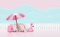 3d summer travel, pink beach chair with fence, suitcase, umbrella or parasol, Inflatable flamingo, wave isolated on pink