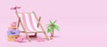 3d summer travel with suitcase stack, beach chair, umbrella, sandals, palm tree, whale, piggy bank, space isolated on pink