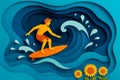 3d summer vector illustration of a surfer riding dynamic blue waves on an orange surfboard with water splashes. Surface textured Royalty Free Stock Photo