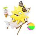 3D sun character in lounge chair eats an ice cream