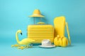concept background sunglasses holiday yellow blue suitcase summer flamingo travel vacation. Generative AI. Royalty Free Stock Photo