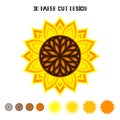 3D Sunflower mandala. Vector paper or laser cut template. Flower silhouette