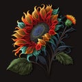 3d sunflower. Tapestry bright sunflower, buds, leaves pattern. Embroidery floral vector background illustration with beautiful