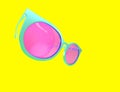 3D Sunglasses with pink lenses, angle view. Polarized glasses in turquoise frames, eyeglasses for beach vacation or