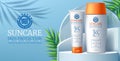 3D sunscreen. Summer skincare ad of sale both stage. Cosmetic product promotion. Orange sun and shadows. Beach UV block